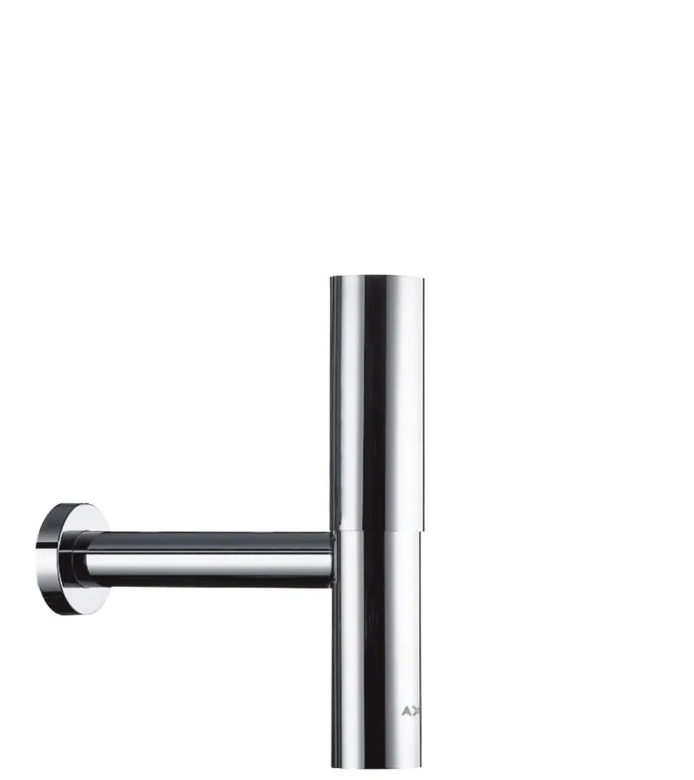 Chromfarbener Design-Siphon mit runder Form, montiert an einer Wand. Teil der Produktreihe von Hansgrohe.
